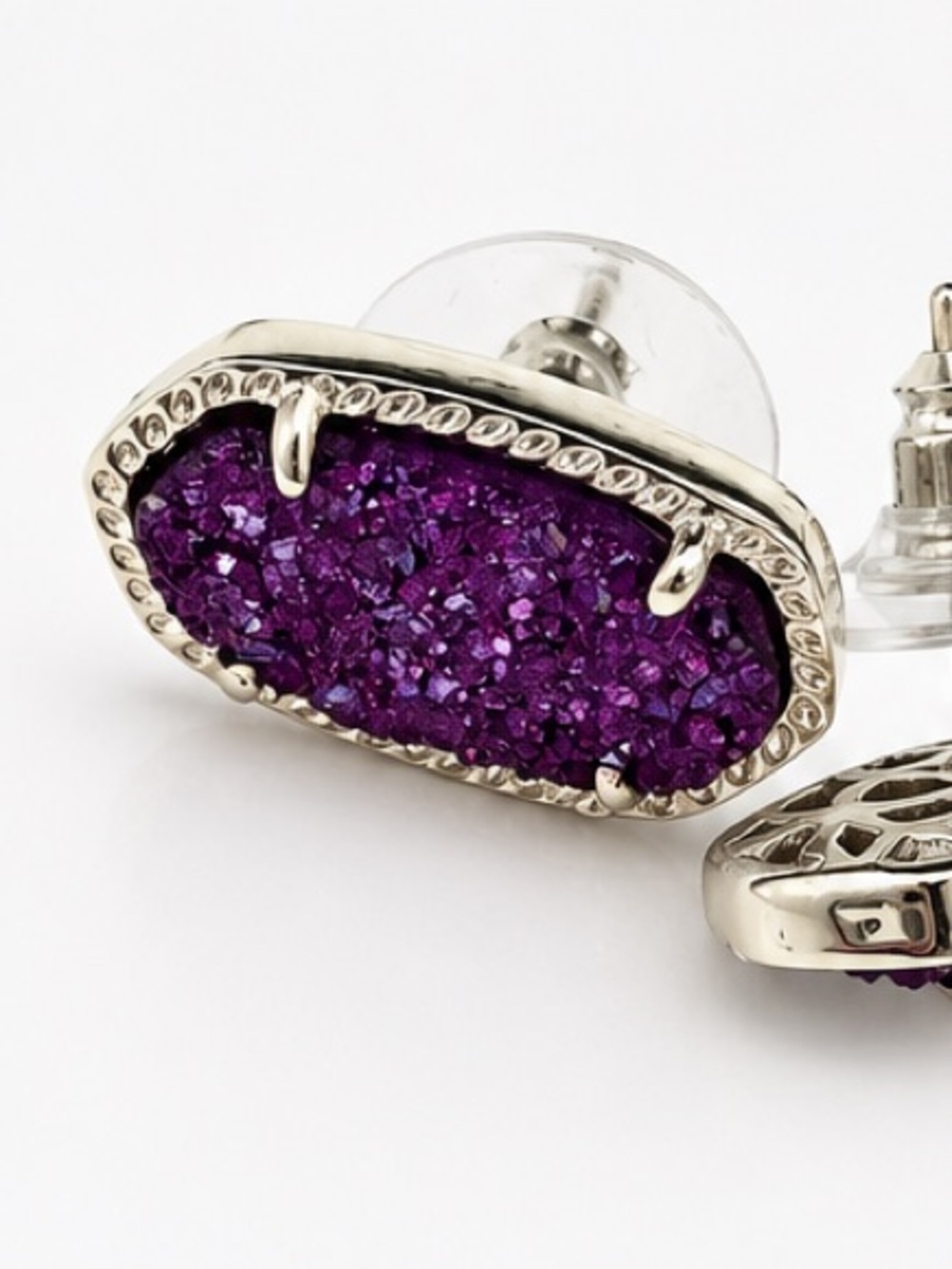 Purple Druzy Stone Silver-Tone Stud Earrings